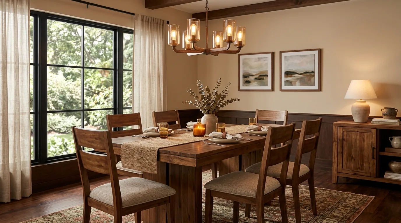 Dining room with deep green walls and walnut furniture