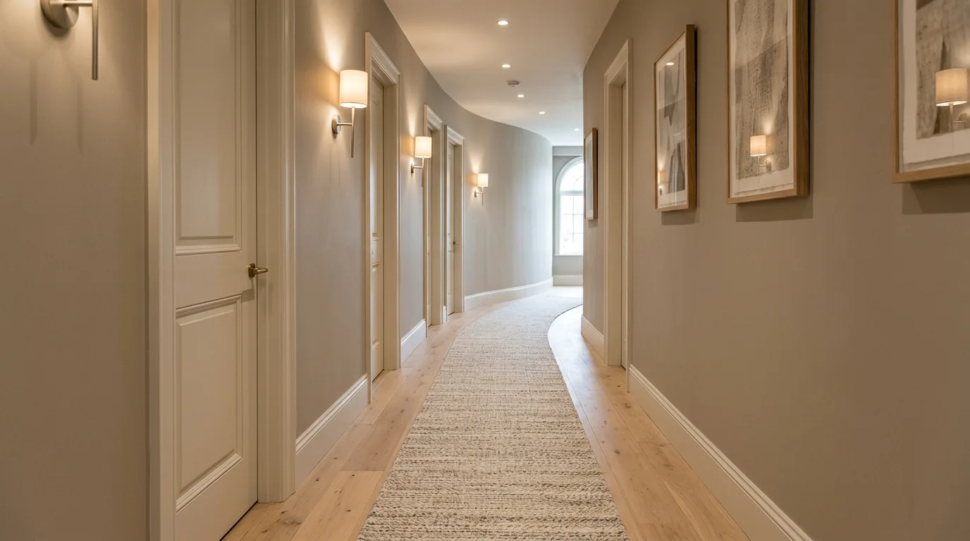 Hallway connecting rooms through repeated trim and art colors