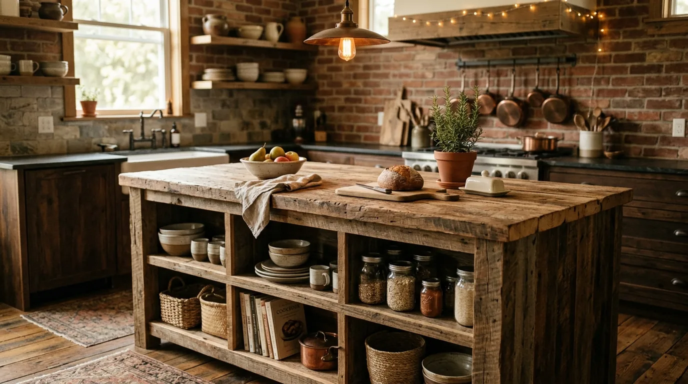 Navy island with brass pendants and pale surrounding cabinetry
