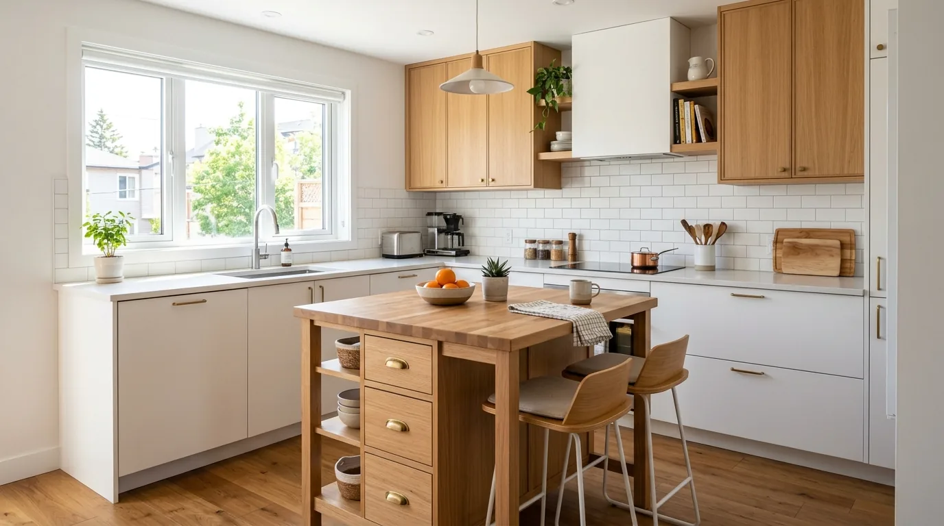 Compact island with butcher block top in small kitchen