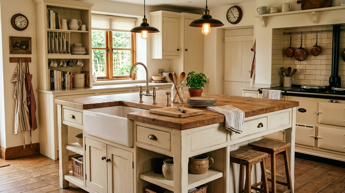 Farmhouse island with turned legs and painted finish