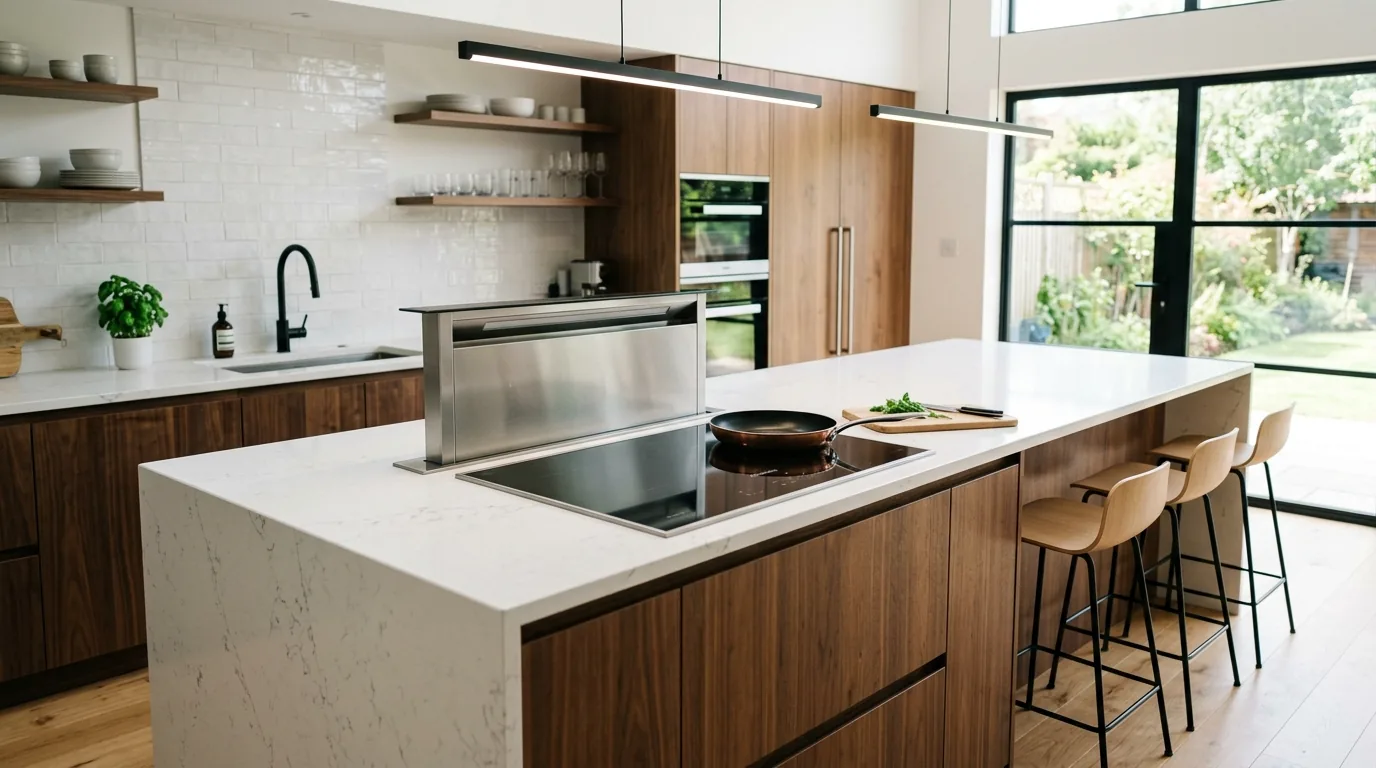 Modern black island with minimalist seating and clean panel lines