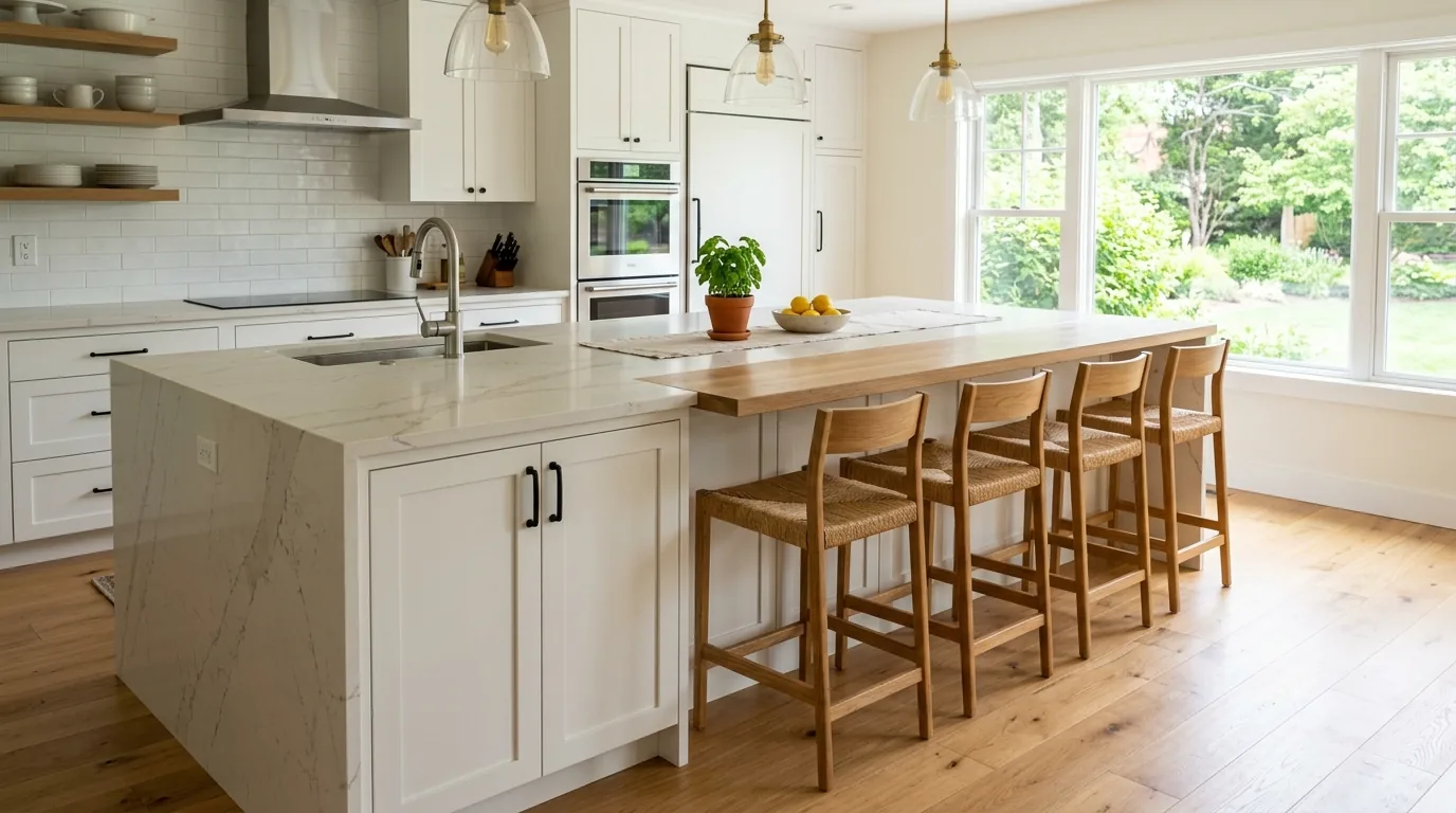 L-shaped kitchen with petite island bridging open plan