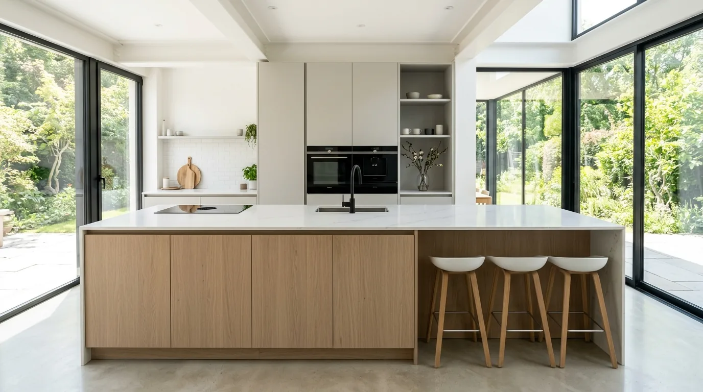Scandinavian island with pale wood and uncluttered styling