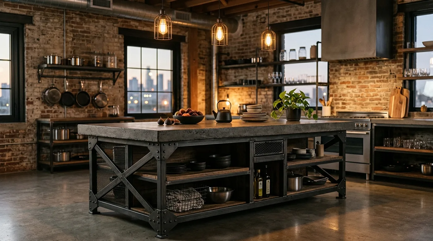 Industrial island with metal accents and thick wood top