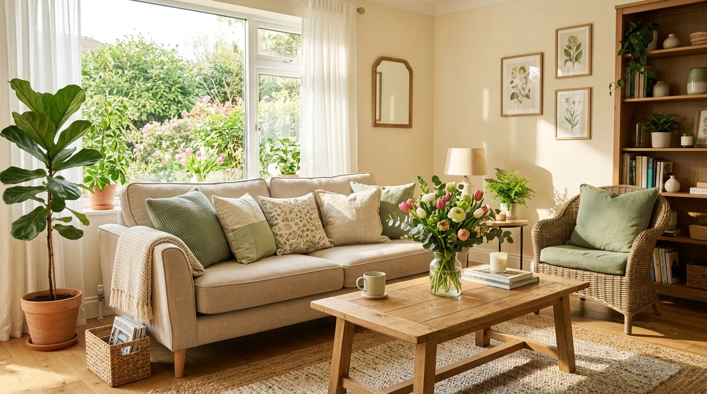 Modern white living room with mint and blush accents