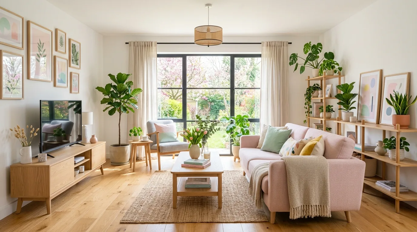 Cozy neutral room with lighter throw blankets and blooming branches