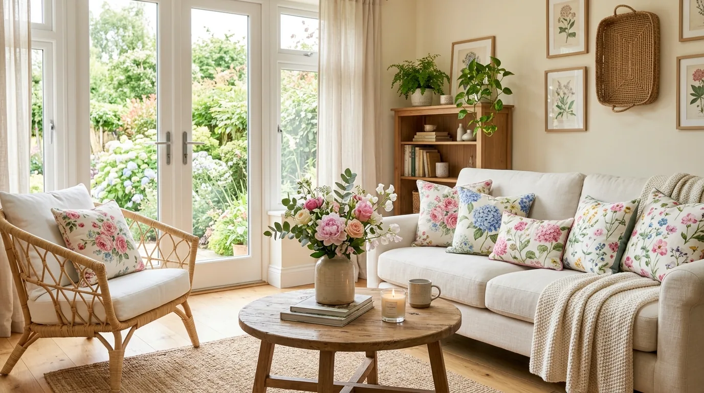 Farmhouse living room with wildflowers and pale textiles