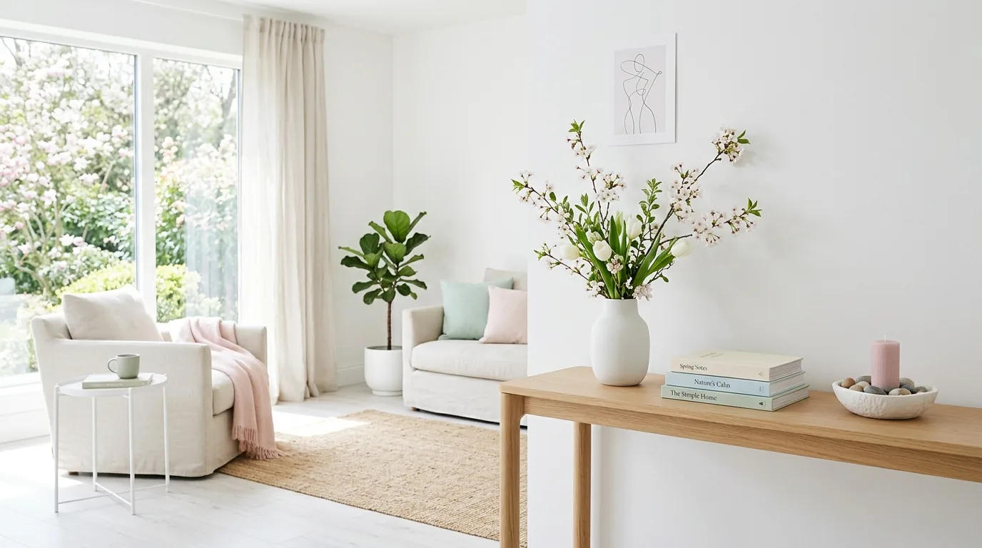 Coastal spring living room with pale blue details and airy curtains