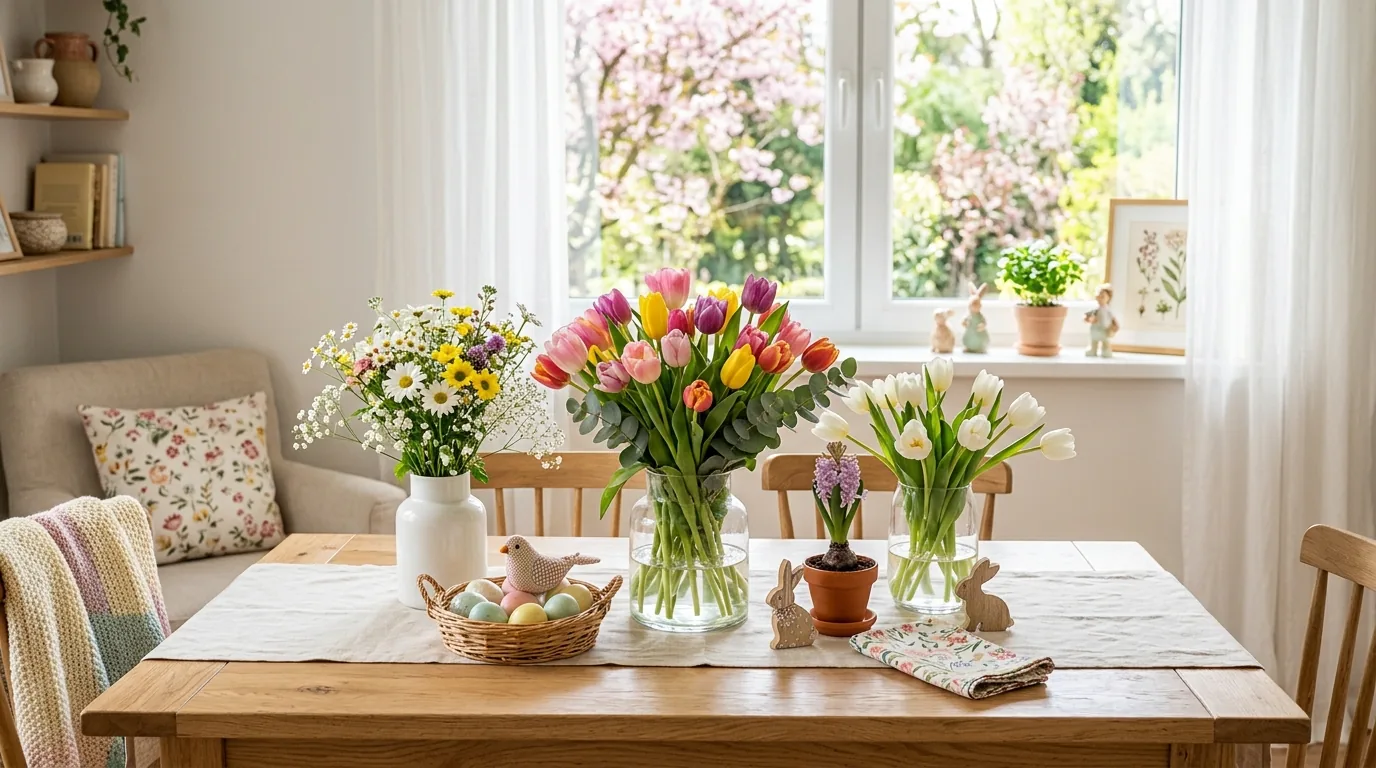 Scandinavian room with pale woods and simple floral stems