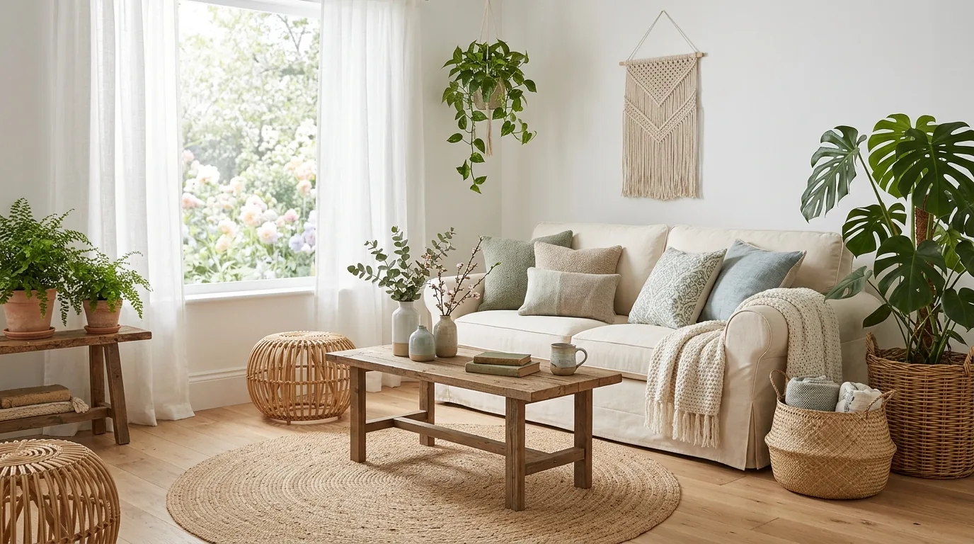 Elegant living room with cream sofa and pastel arrangement