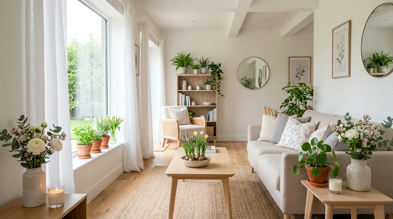 Colorful room with floral pattern cushions and sunny rug