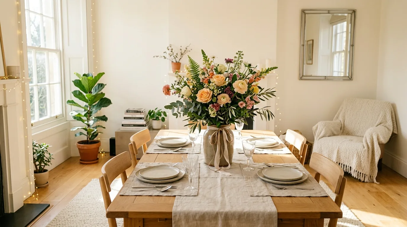 Family living room with woven baskets and easy-care greenery