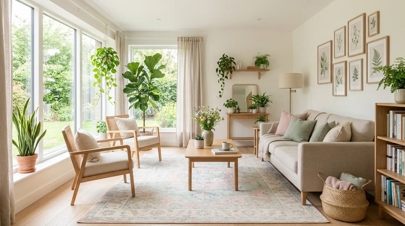 Cinematic spring living room with soft daylight