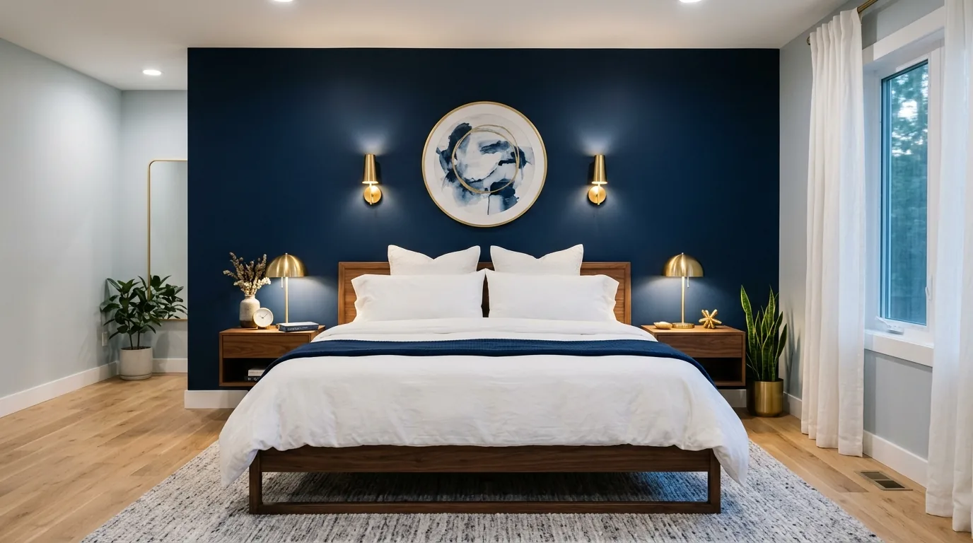 Moody slate blue bedroom with layered linen bedding