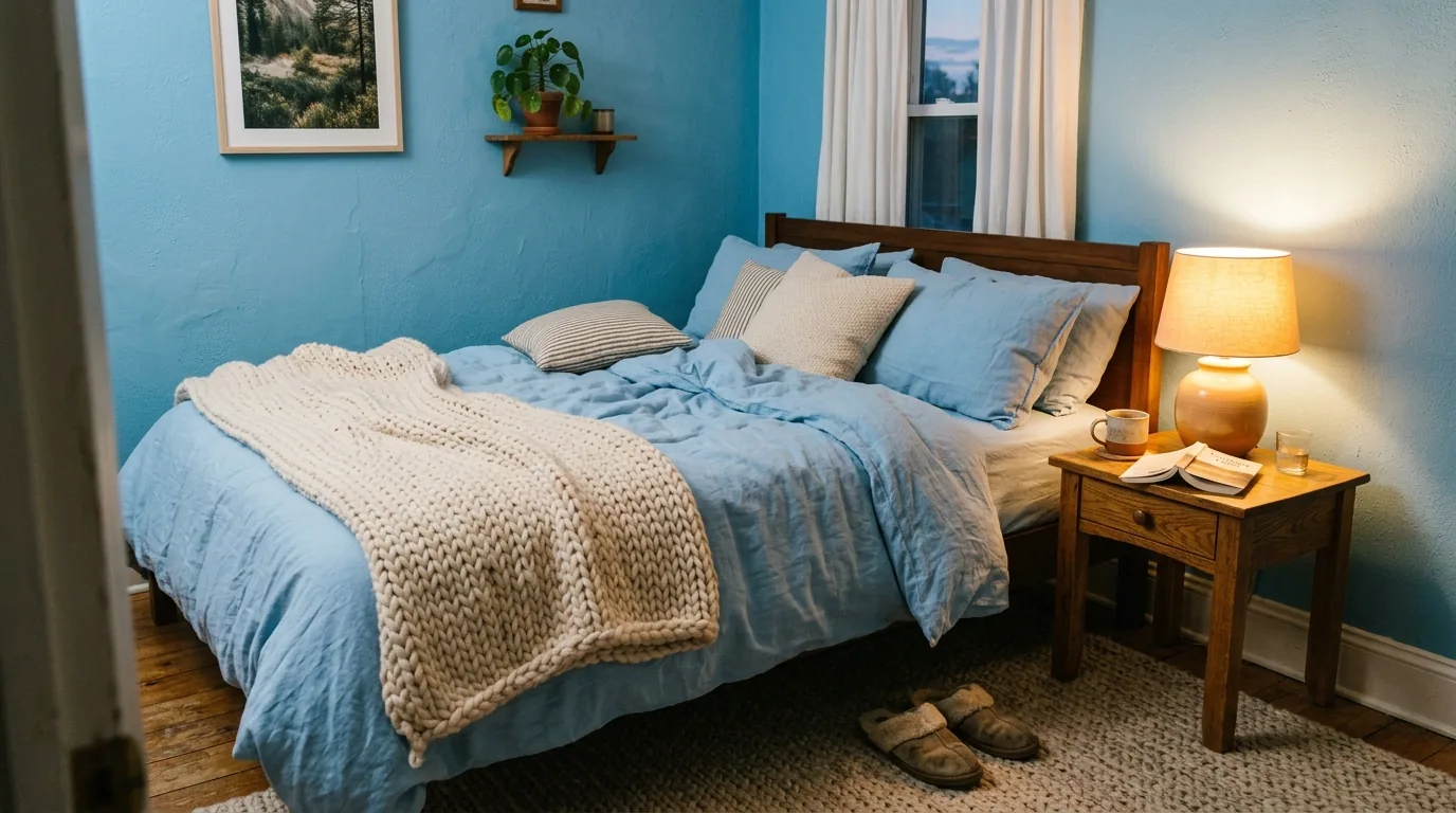 Blue and white coastal bedroom with striped cushions