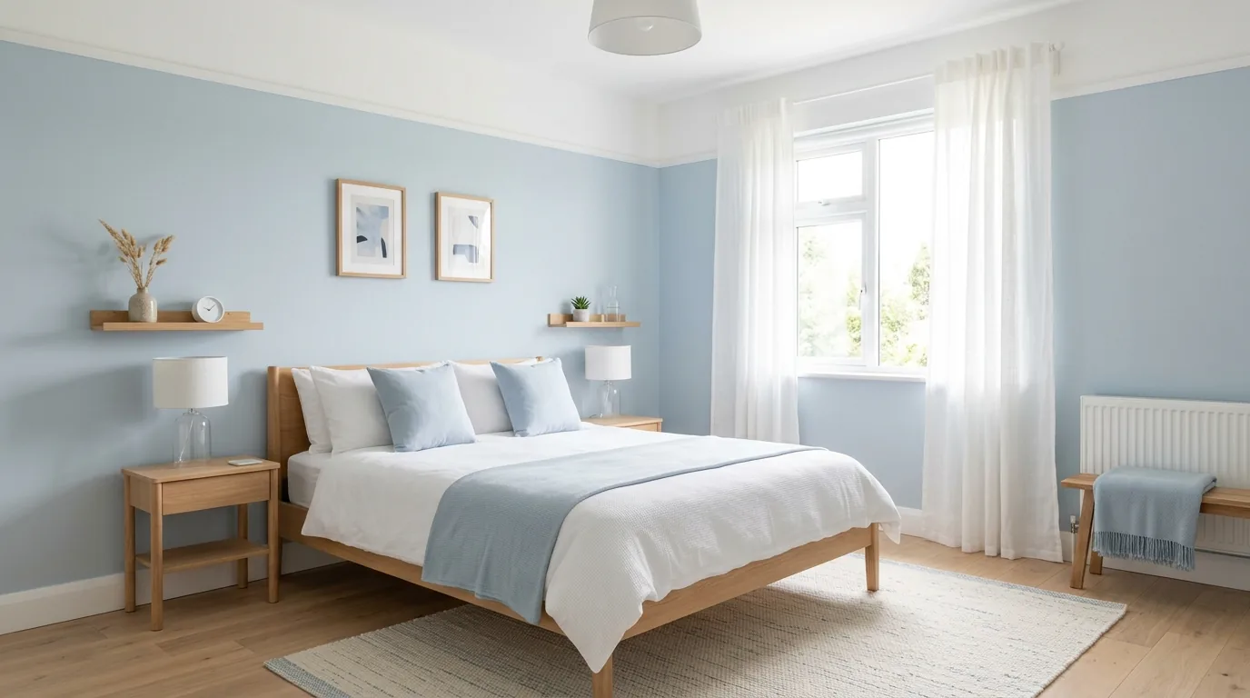 Romantic bedroom with blue floral wallpaper