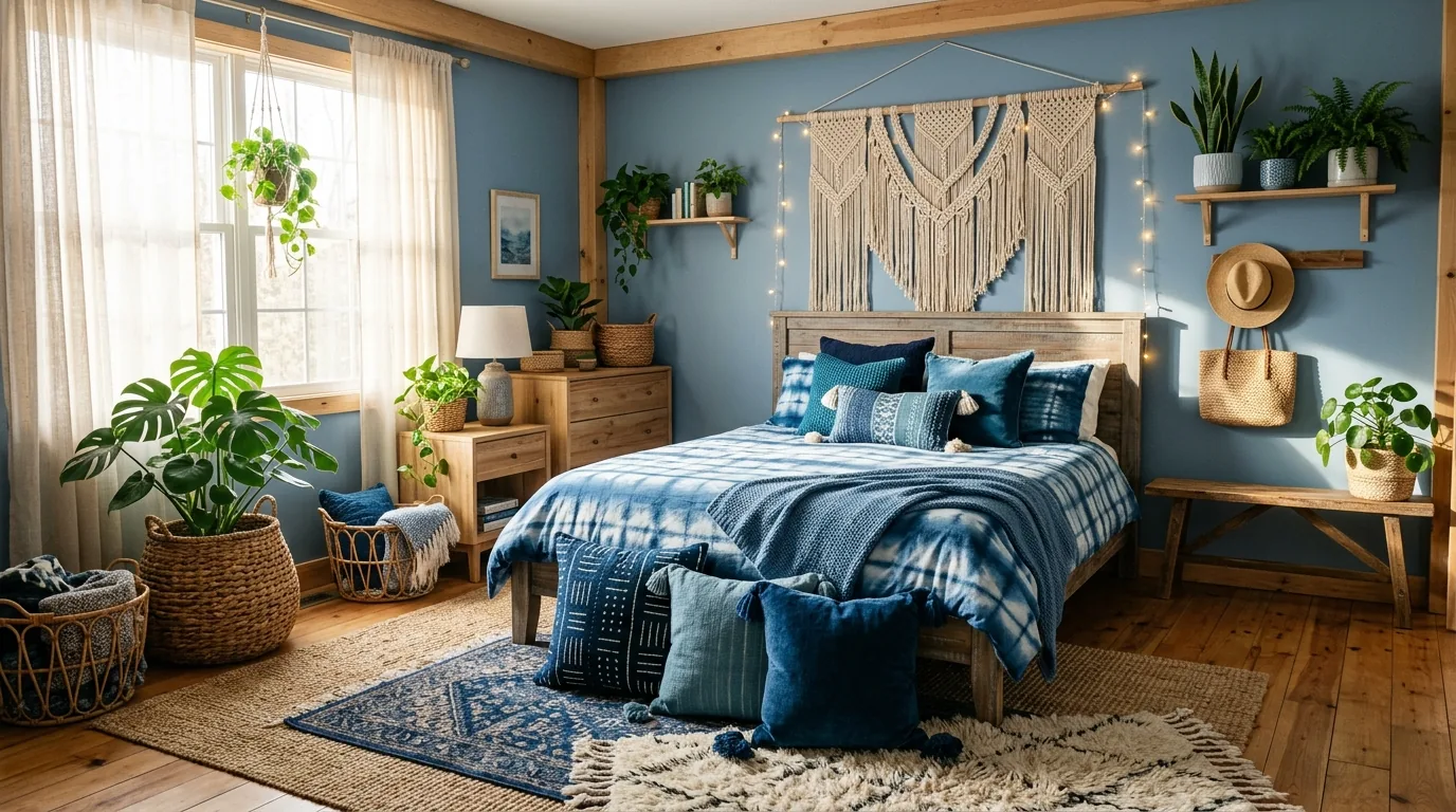 Minimal blue bedroom with limewashed walls
