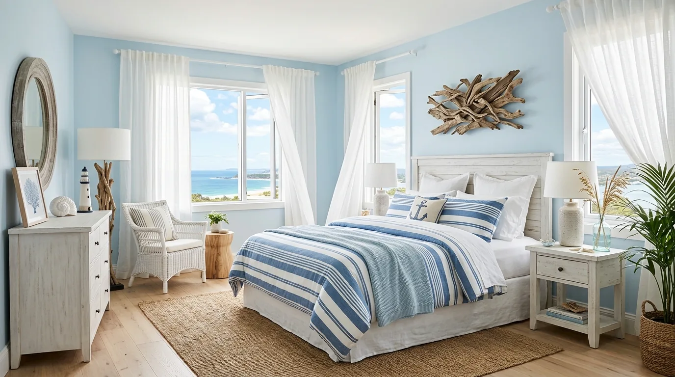 Navy accent wall behind a cream bed