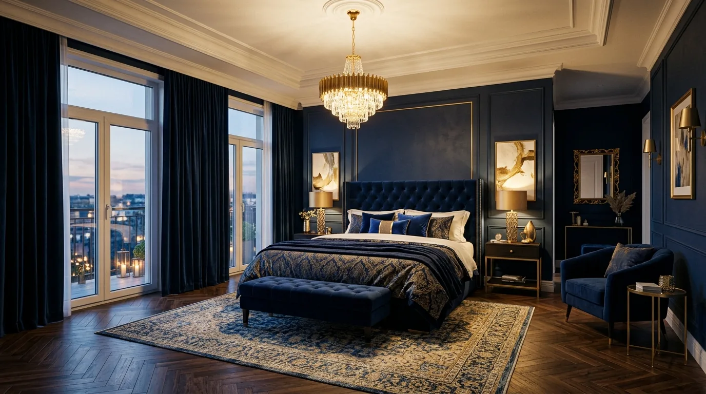 Aesthetic blue bedroom with velvet pillows