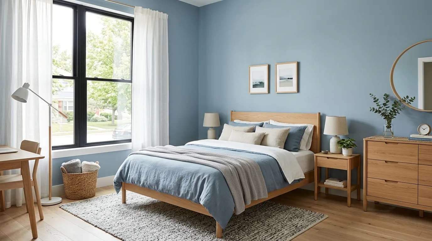 Scandinavian blue bedroom with muted dusty blue walls