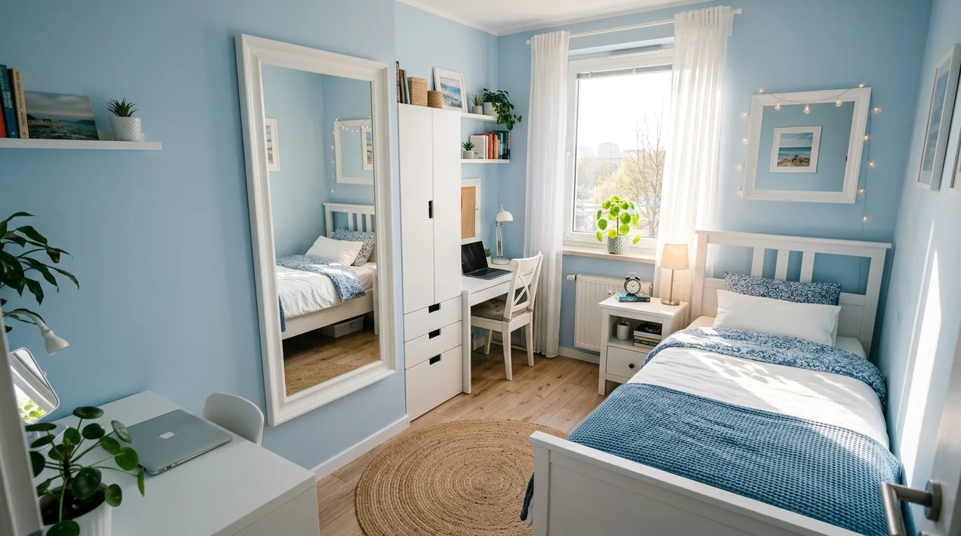 Teen inspired blue bedroom with tonal bedding