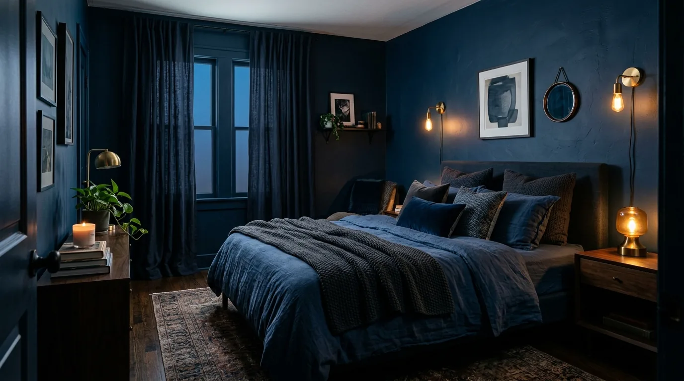 Small blue bedroom with vertical stripe wallpaper