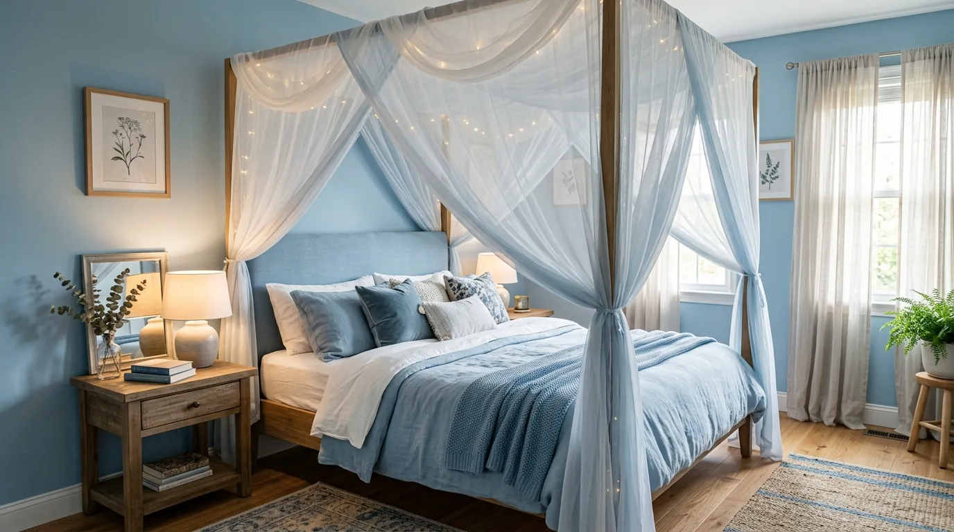 Blue bedroom with canopy bed and linen drapery