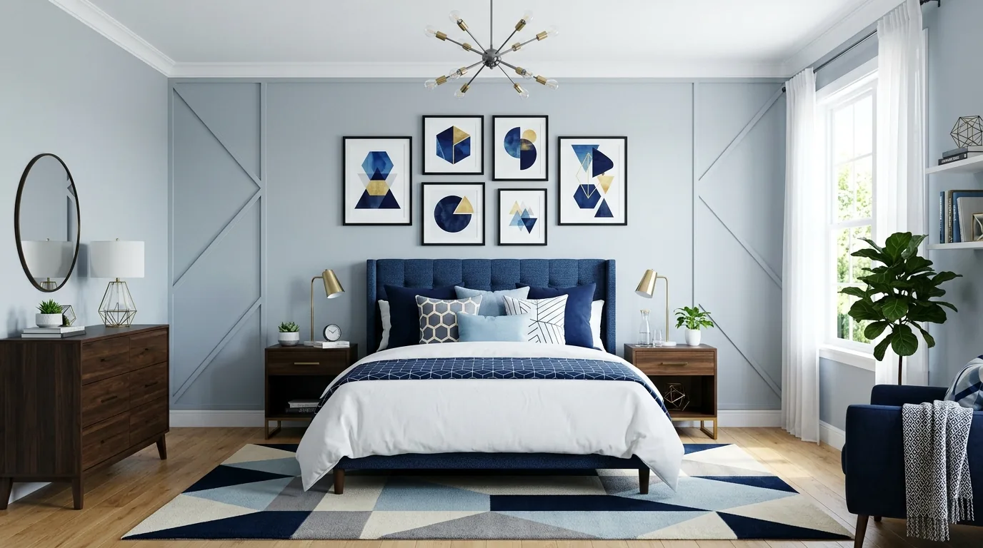 Midnight blue bedroom with textured rug