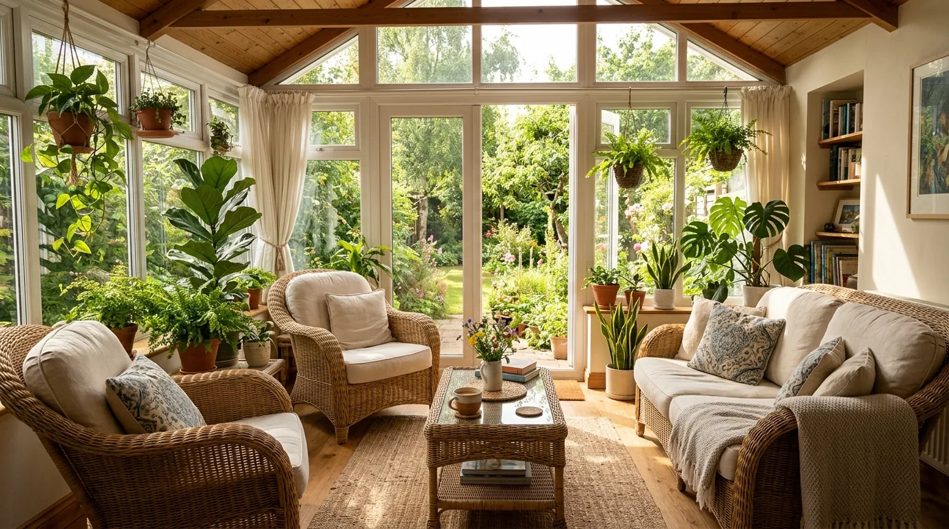 Modern sunroom with beige sectional and glass coffee table
