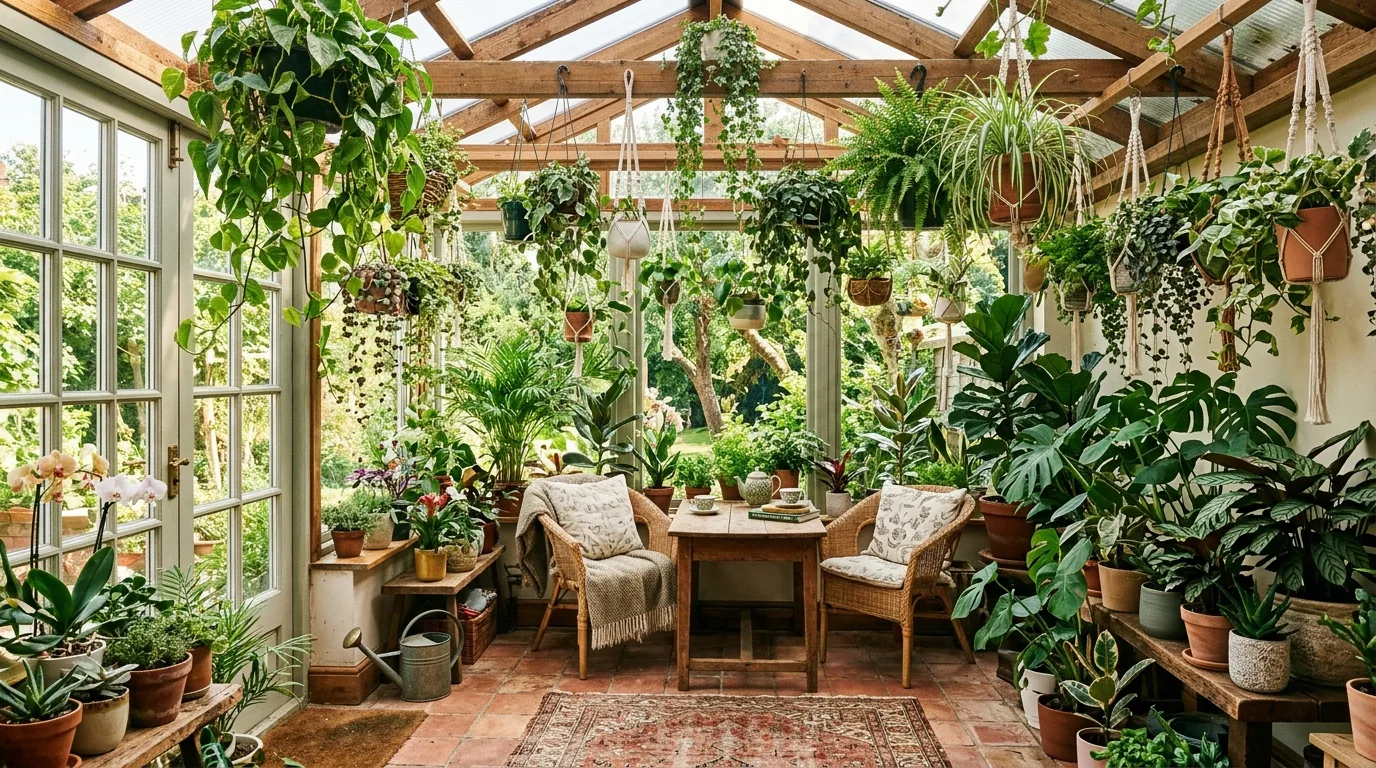 Boho sunroom with rattan chairs and layered rugs