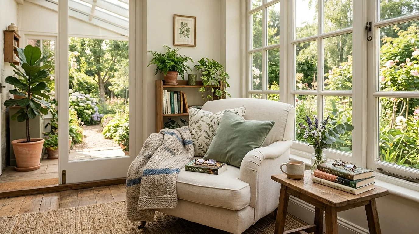 Farmhouse sunroom with shiplap walls and rustic bench seating