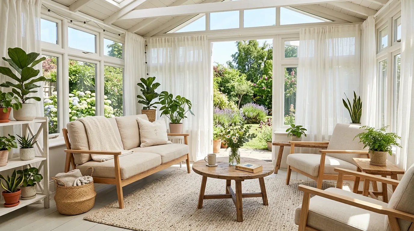 Minimal sunroom with simple bench and one oversized plant