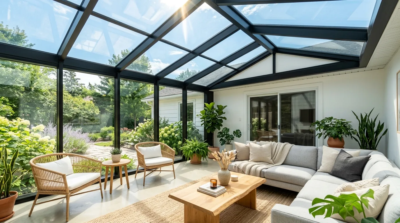 Luxury sunroom with long sectional and polished finishes