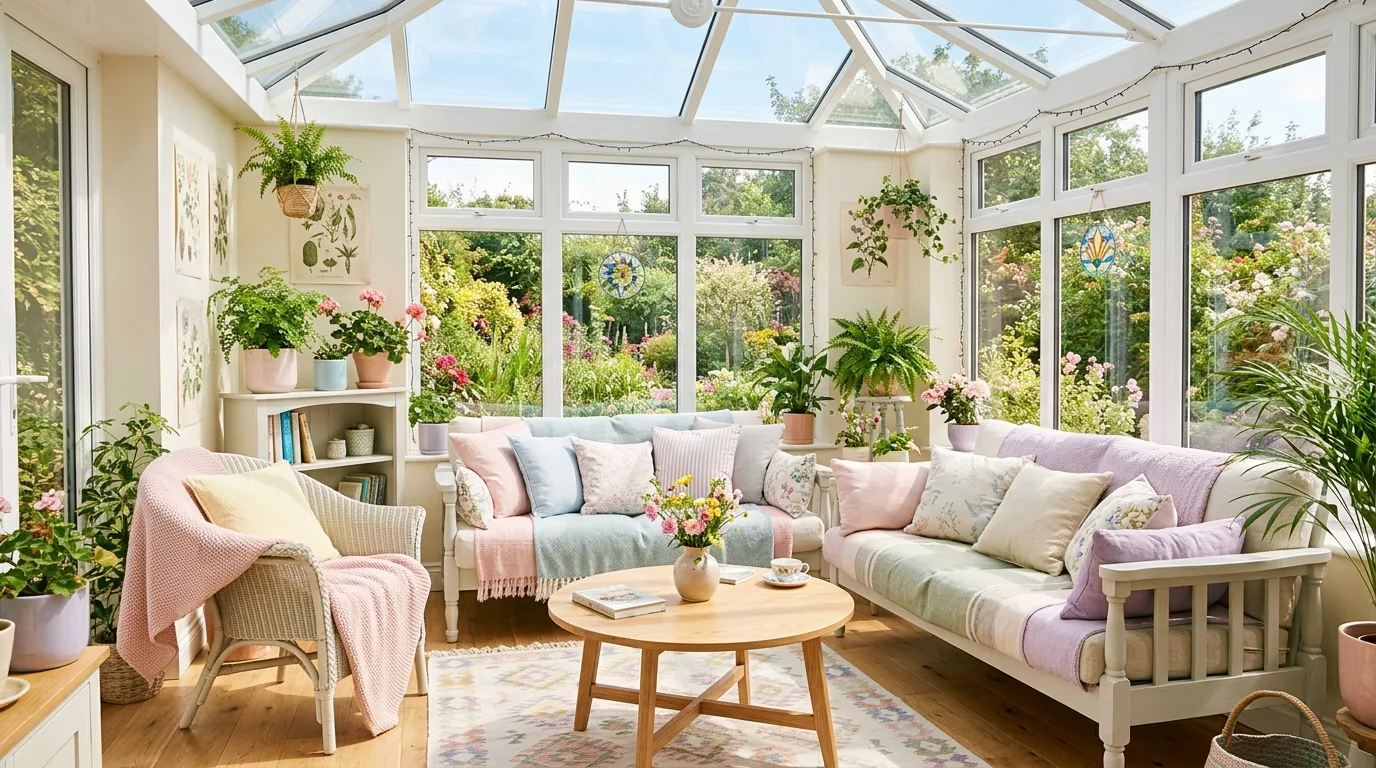 Scandinavian sunroom with pale wood furniture and soft gray textiles