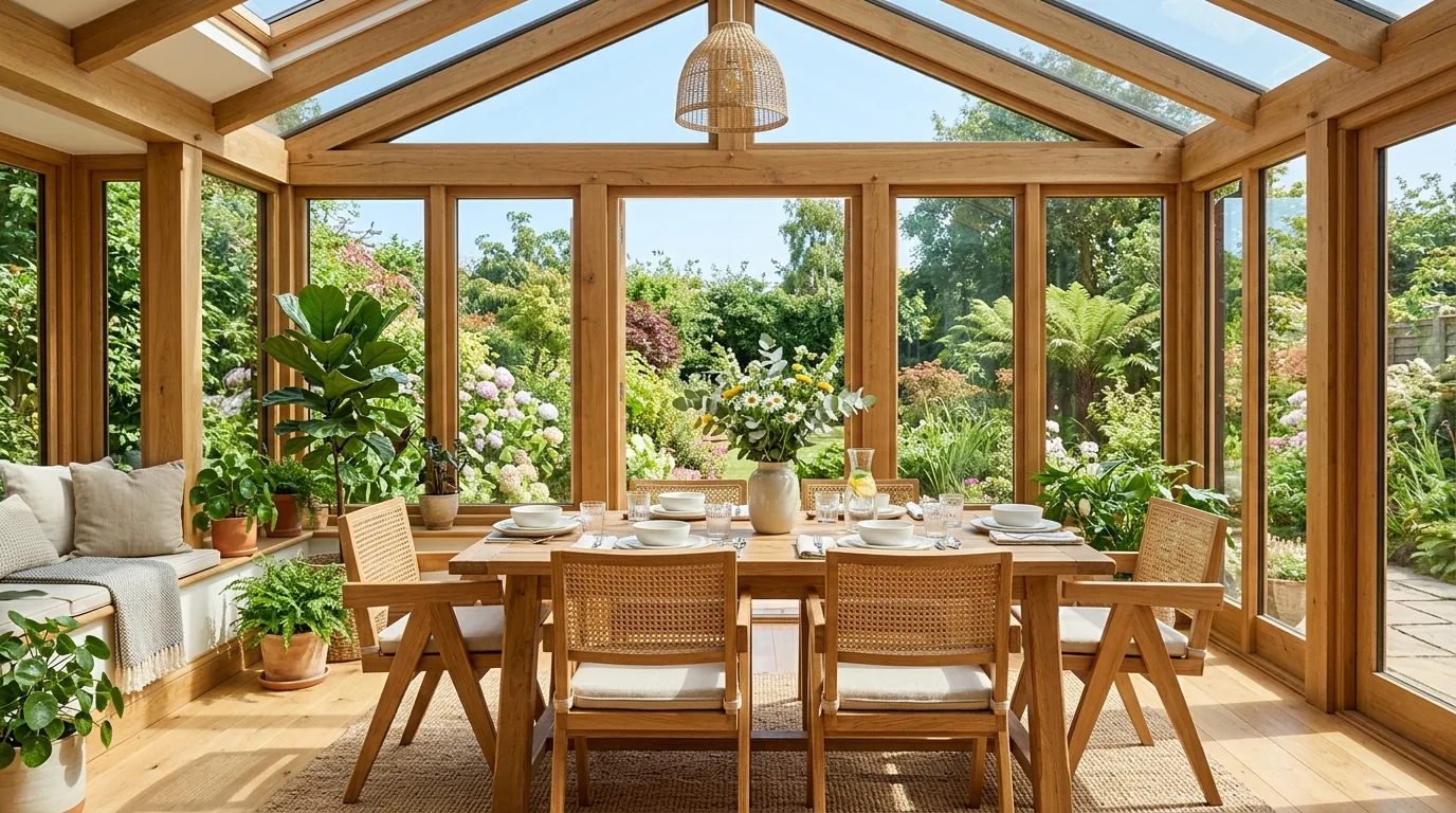 Vintage-inspired sunroom with floral upholstery and lace-filtered light