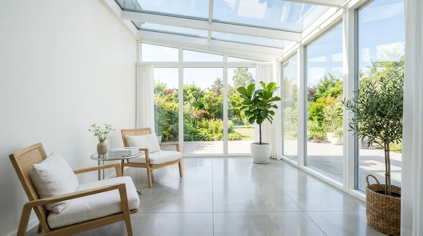 Tropical sunroom with bamboo furniture and leafy plants