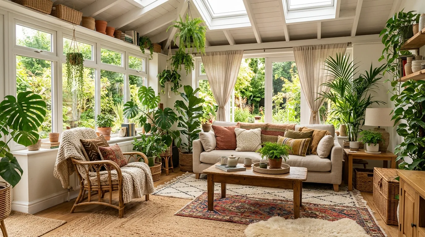 Reading sunroom with plush chair and knit throw beside tall windows