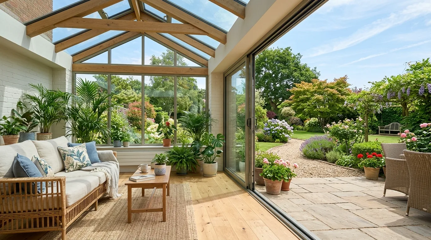 Elegant cream-toned sunroom with marble coffee table and sheer curtains