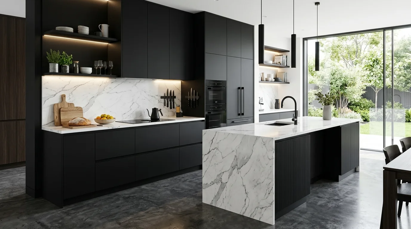 Black-and-white kitchen with matte cabinetry and marble counters