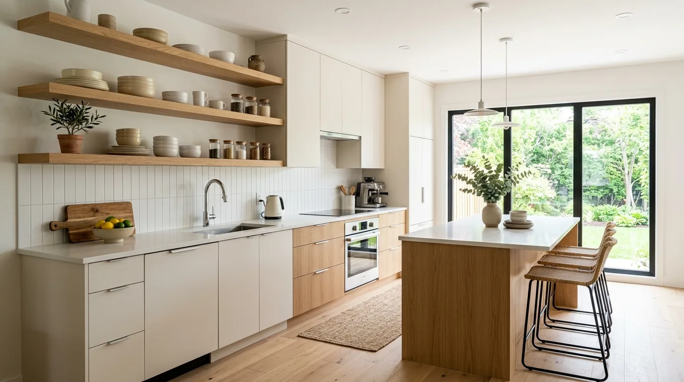Minimal gray kitchen with integrated appliances and seamless backsplash