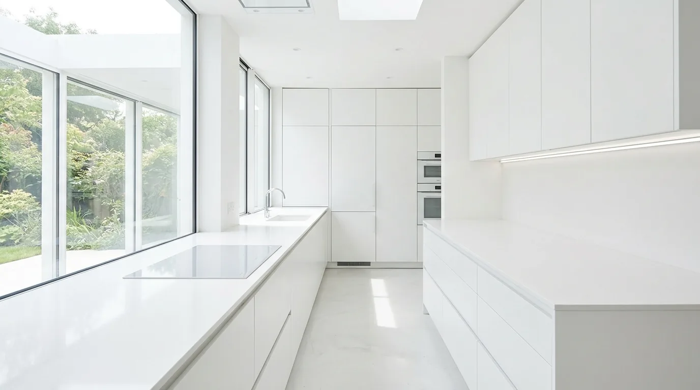 Light oak contemporary kitchen with white surfaces and hidden storage