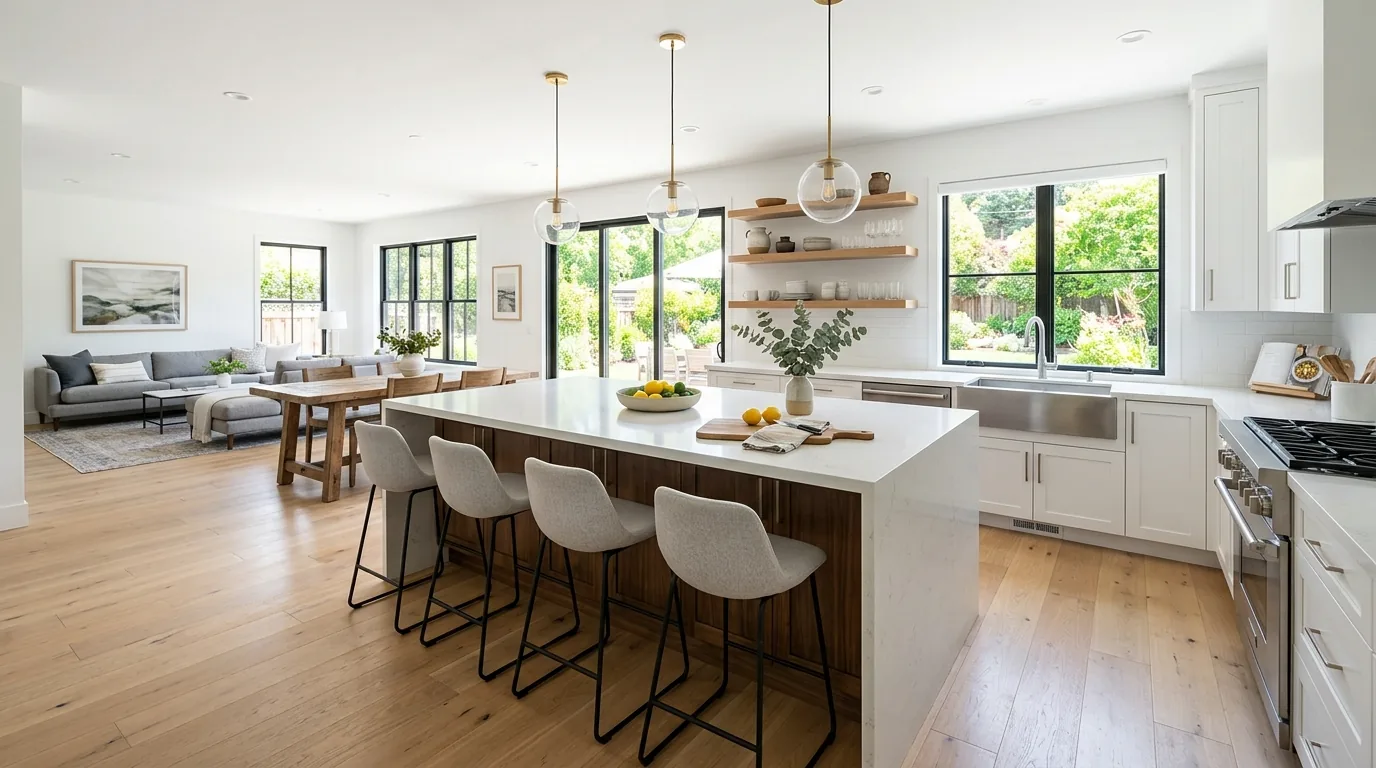 Luxury kitchen with waterfall island and brass accent lighting