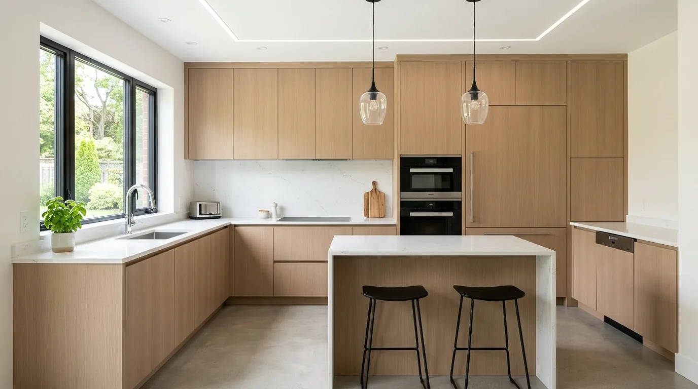 All-white kitchen with bright glazing and under-cabinet glow