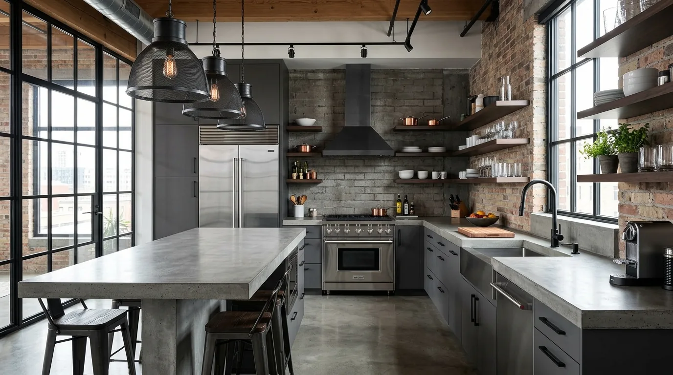 Navy accent island in modern kitchen with pale surrounding cabinets