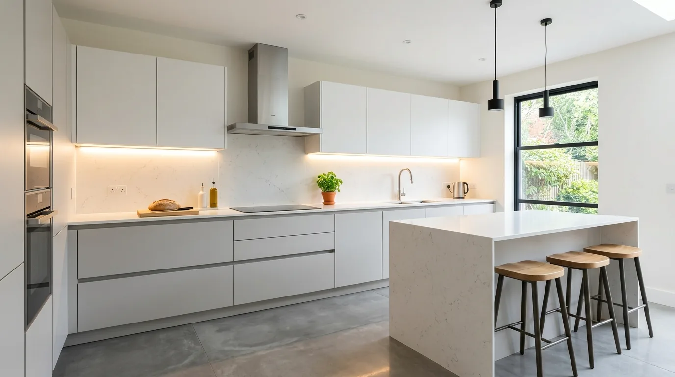 Industrial-leaning contemporary kitchen with concrete tones and black fixtures