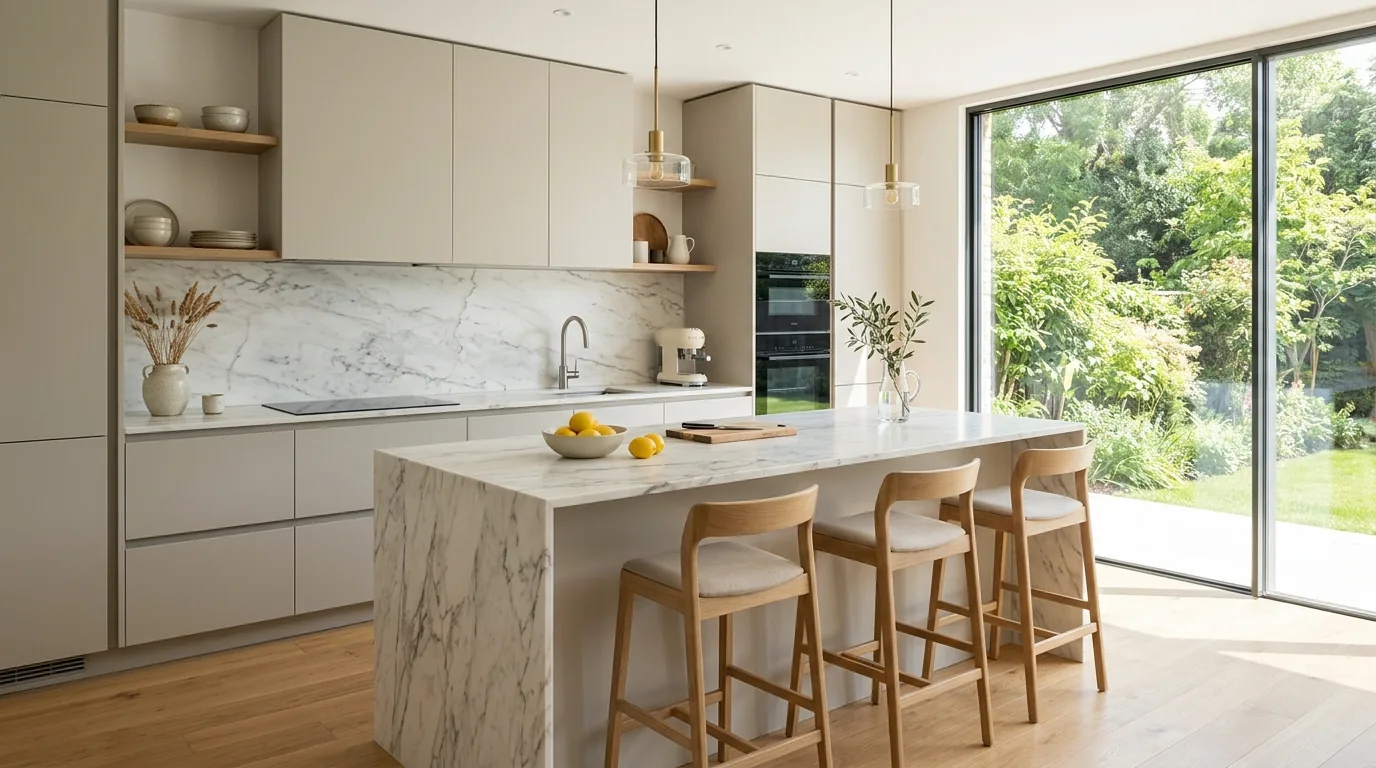 Glass-front cabinet kitchen with lit interiors and reflective finishes