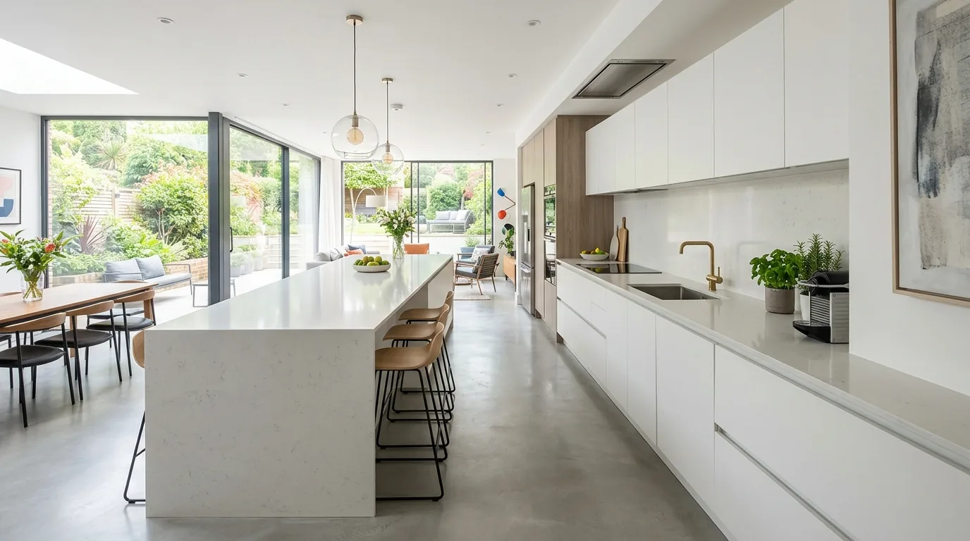 Cinematic contemporary kitchen with tailored cabinetry