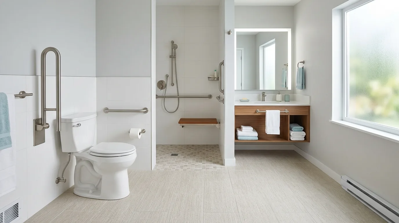 Senior-friendly bath with bench seat and handheld shower