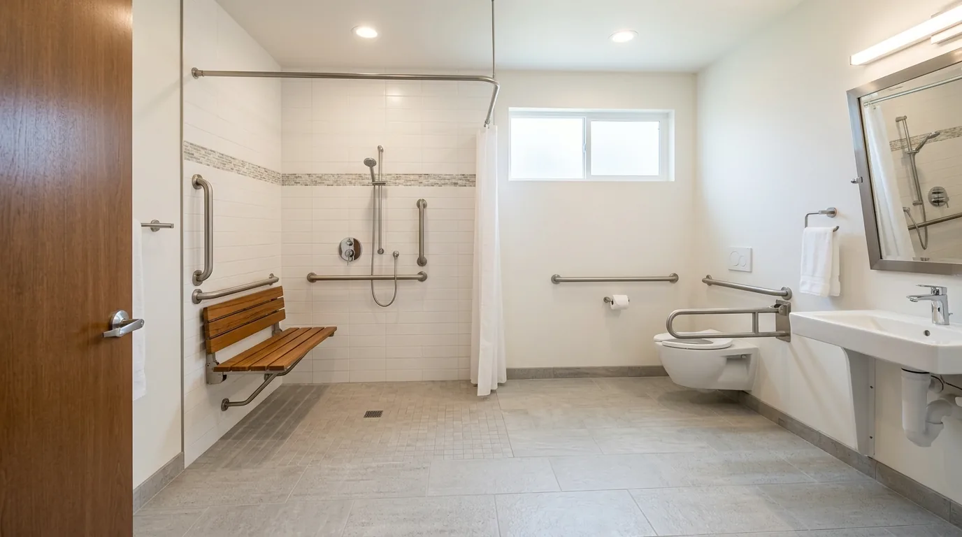 Warm neutral bathroom with grab bars near toilet and shower